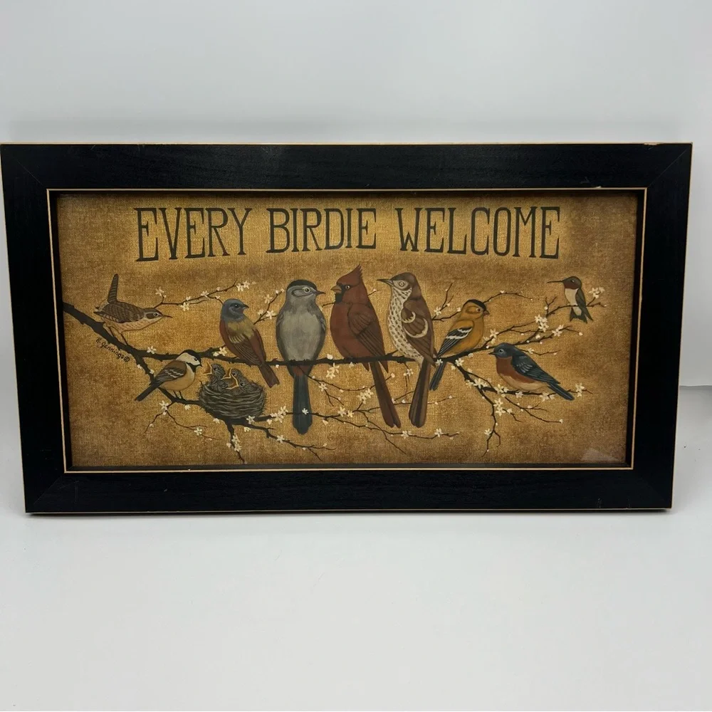 Evey birdie welcome framed art sign 18x10 inch multiple color birds cabin decor